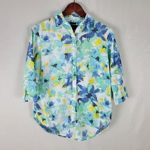 Investments Womens Shirt 8 Petite Popover Top Painted Floral 3/4 Sleeve Collared